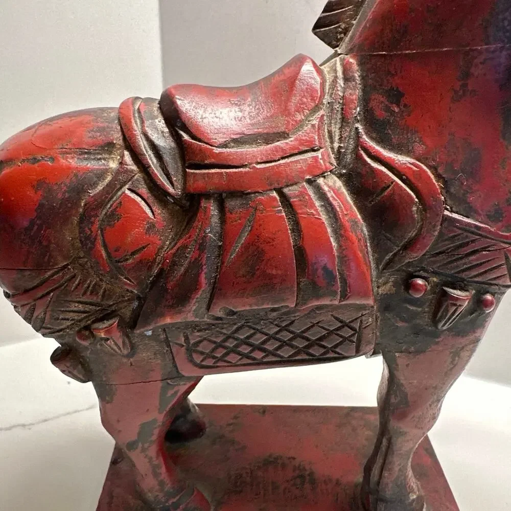 Vintage Hand Carved Wooden Chinese Horse Hand Painted Red and Gold Accents